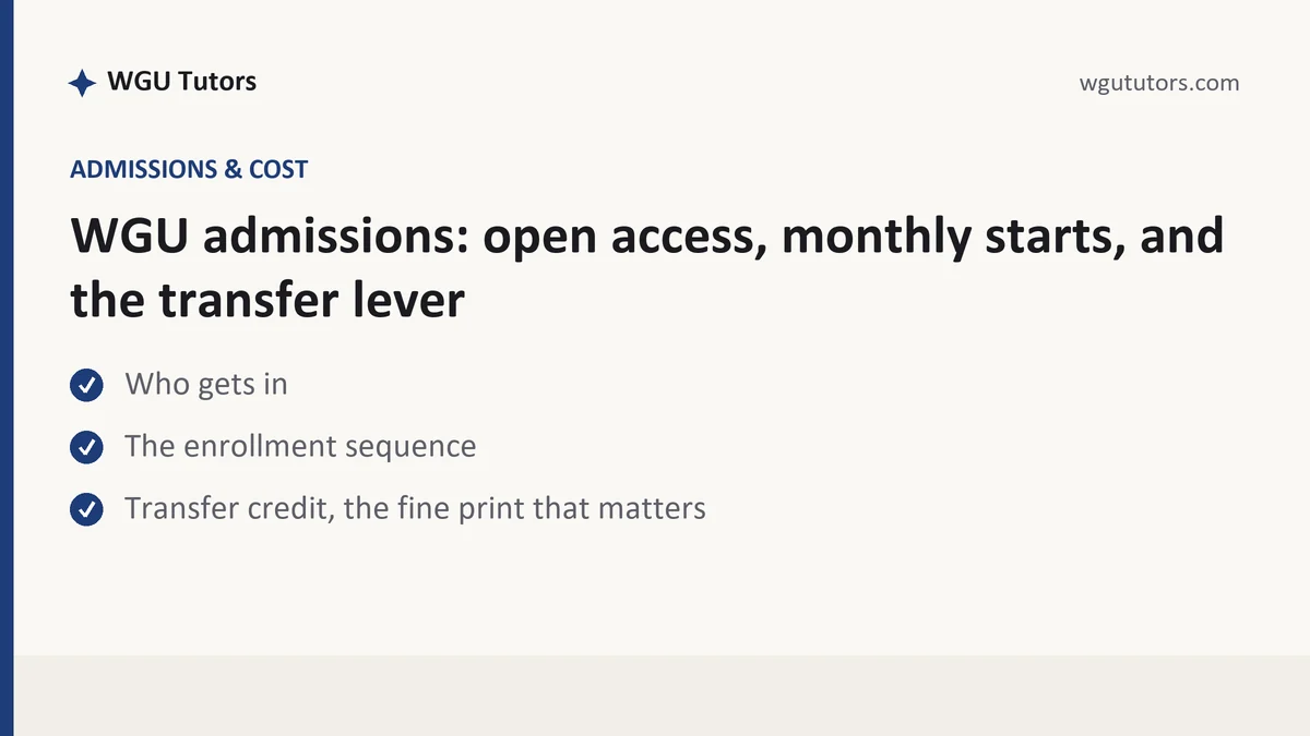 WGU admissions: open access, monthly starts, and the transfer lever, a WGU student guide, from WGU Tutors
